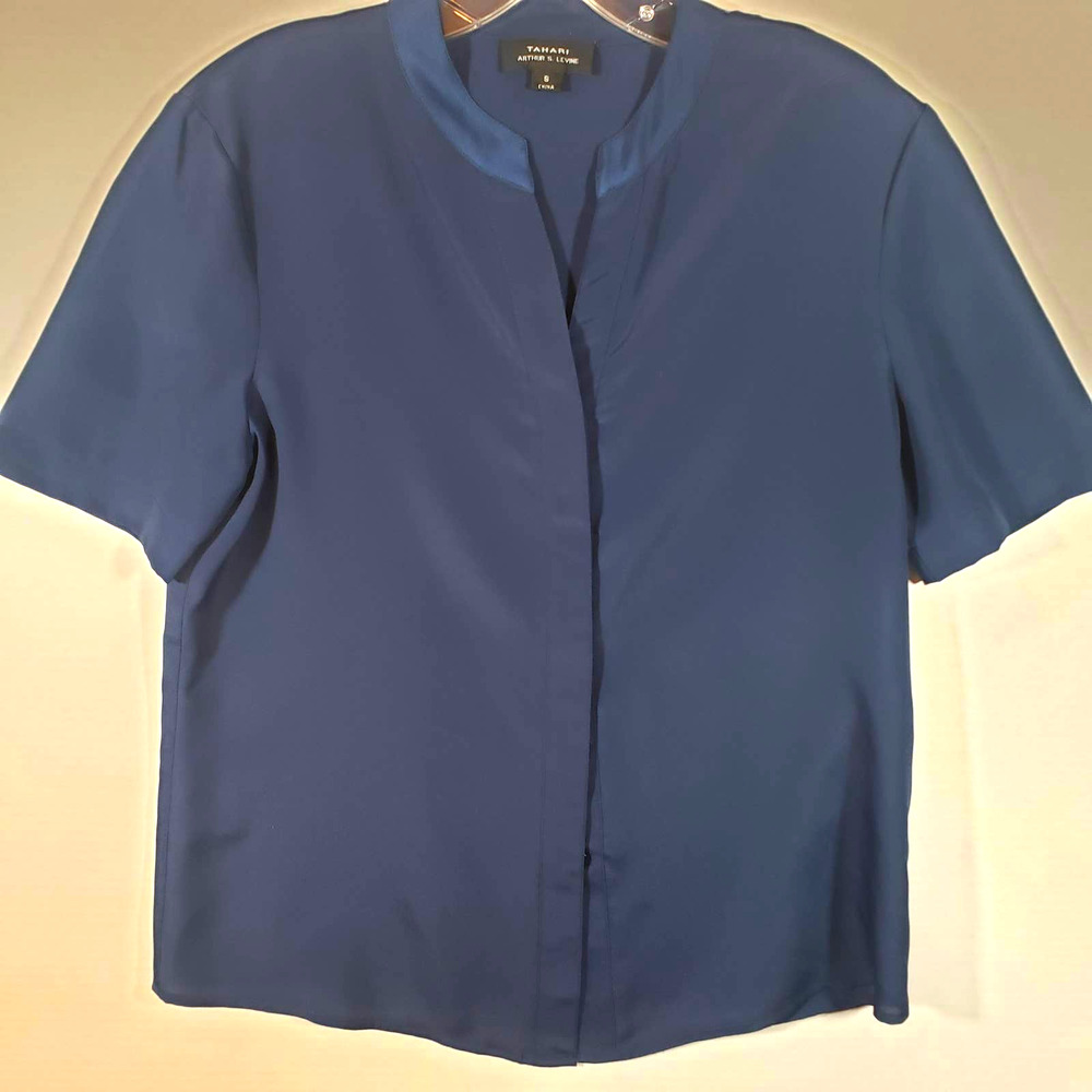 Tahari Navy Blue Short Sleeve Top Hidden Buttons Sz S